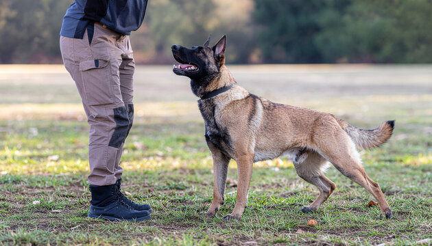 An intelligent working dog looks up at its trainer during an outdoor obedience session, highlighting canine discipline, professional animal training, partnership, and loyalty