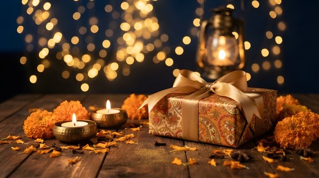 Diwali gift box with marigold flowers and lit diyas on wooden table