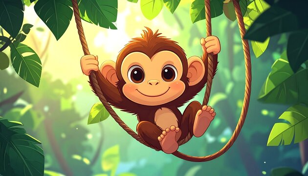 A cute baby monkey cartoon character swinging on a rope in a lush tropical rainforest environment with bright sunlight and vibrant green foliage.
