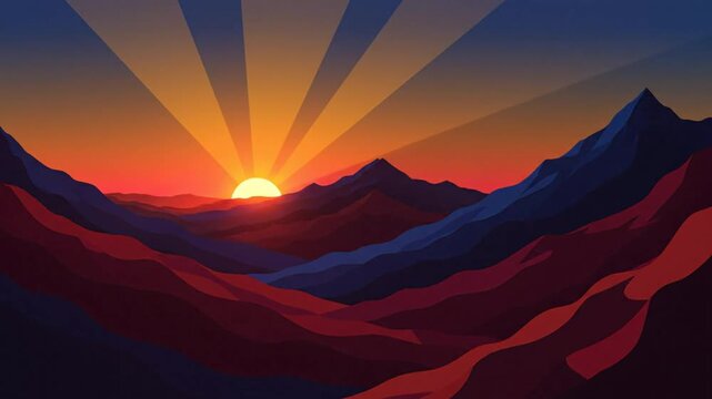 Abstract landscape of colorful mountain range with the sun setting behind the peaks in a minimalist style