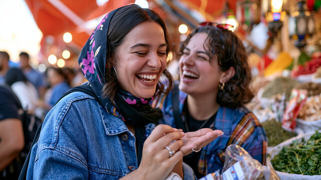 Palm reader holds a client's open palm under a vibrant spice market canopy, both women caught in a completely candid unposed moment of genuine laughter, surrounding stalls piled with fresh herbs and
