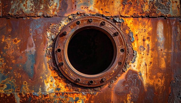 A detailed close up shot of a circular metal porthole window set into a heavily weathered and oxidized rusty orange iron wall background texture.