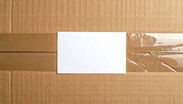 A blank white rectangle label placed on a brown cardboard shipping box surface perfect for custom branding text or design and shipping labels.