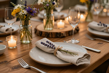 Fototapeta premium Elegant outdoor dining setup adorned with fresh flowers and candlelight creates a warm and inviting evening atmosphere