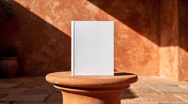 Blank white book standing on a terracotta pedestal with dramatic sunlight and shadows.