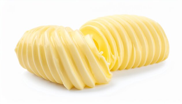 A fresh curl of smooth yellow butter shaped with a specialized tool isolated on a clean white background for culinary and kitchen photography.