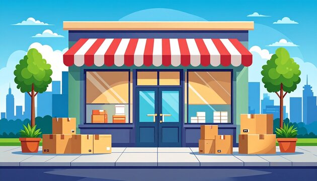 A charming local storefront building with cardboard boxes piled outside on the sidewalk under a bright blue sky with city skyline in background.