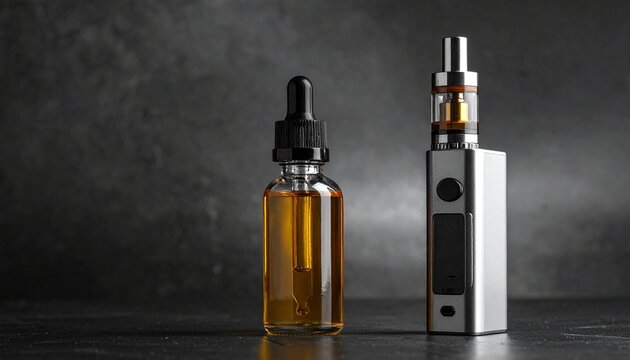 Electronic cigarette device with a glass dropper bottle containing golden vaping liquid placed on a dark surface for professional marketing.