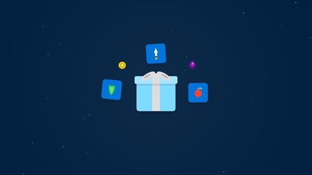 Gift box with floating game icons and rewards in a flat animation style