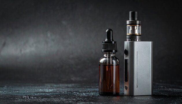 Modern electronic cigarette device with a glass dropper bottle of e liquid standing on a dark textured background for vaping concepts.