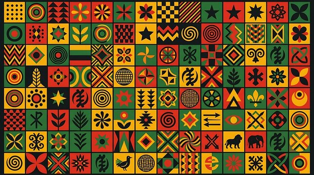 Collection of traditional adinkra symbols and african patterns in red, green, yellow, and black colors