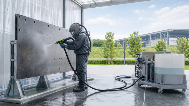 Man wearing protective suit and helmet performing sandblasting on metal plate. Industrial worker using abrasive blast equipment for surface cleaning and metal preparation process.