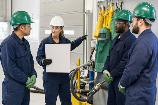 Female supervisor talking to a team of sandblaster working in an industrial workshop. Professional instructor showing equipment instructions to workers. Safety management and training concept.