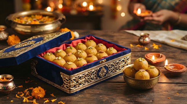 Traditional indian sweets in an ornate blue box for diwali celebration