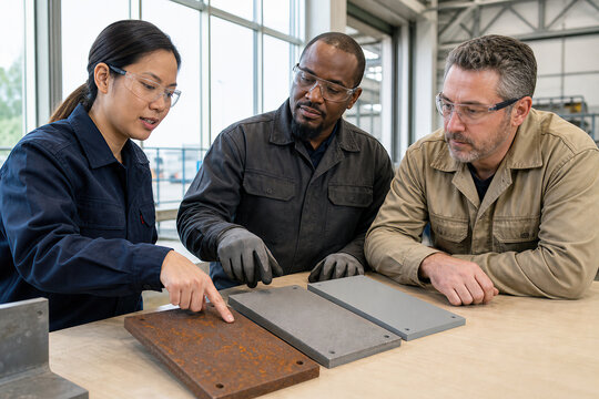 Workers inspecting metal plates after sandblasting process. Diverse team of technician analyzing surface quality of rusted and cleaned steel parts in manufacturing factory workshop.