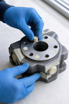 Worker masking engine part before sandblasting. Technician applying adhesive tape to metal component holes for surface preparation. Precision abrasive cleaning protection process.