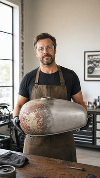Man sandblaster holding a motorcycle fuel tank after metal restoration. Professional mechanic in apron working on automotive part surface finish. Industrial cleaning and repair.