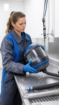 Woman sandblaster cleaning protective helmet in industrial workshop. Worker maintaining safety equipment for surface treatment. Professional maintenance of gear in manufacturing facility.