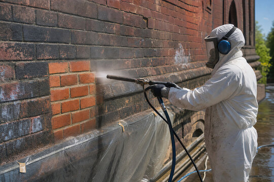 Sandblaster cleaning old brick wall with high pressure abrasive nozzle. Worker in protective suit and helmet performing restoration of historic building facade. Industrial maintenance task.