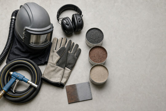 Sandblasting equipment with protective helmet, gloves, industrial nozzle and abrasive media on gray background. Surface preparation and metal cleaning tools for professional refinishing.