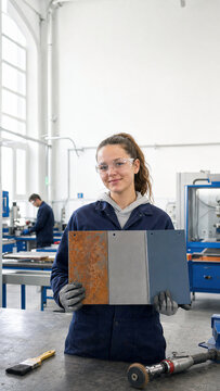 Woman metal worker demonstrating metal surface restoration process. Comparison of rusty, sanded and painted steel plates in industrial workshop. Sandblasting and finishing service.