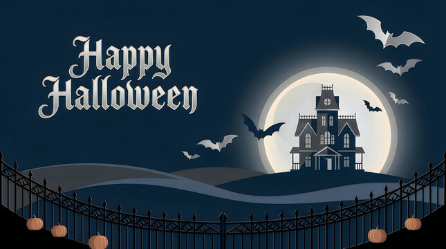 Happy halloween greeting card with haunted house and bats against a full moon