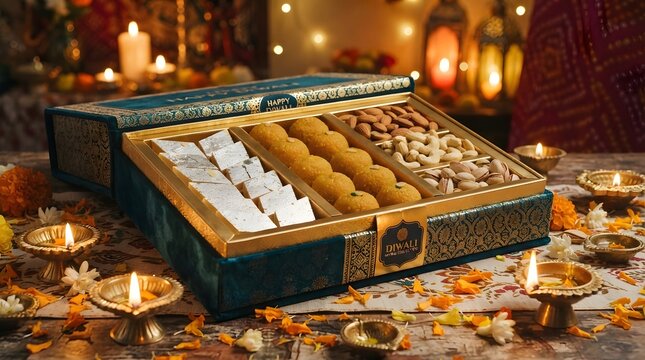 Diwali gift box filled with traditional indian sweets and dry fruits with lit diyas