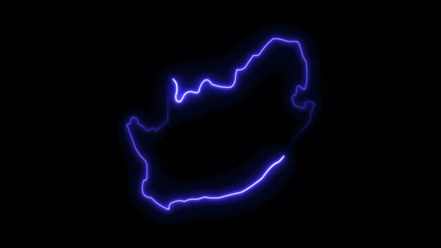 Glowing neon blue outline of the country of south africa map isolated on a black background, digital cartography display