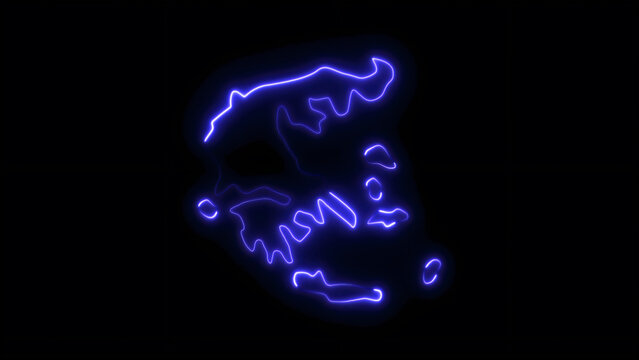 Glowing neon light outline of the map of greece, isolated on a black background, digital in vibrant purple color
