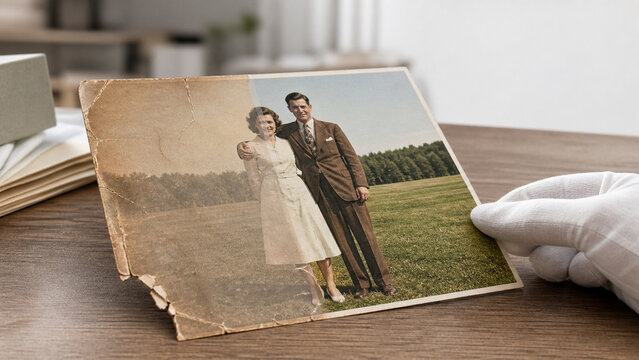 AI photo restoration transforming damaged image into clear color