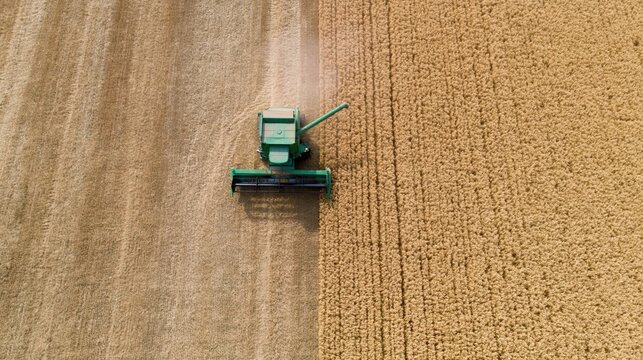 The Green Combine Harvester Crossing a Golden Field During Harvest