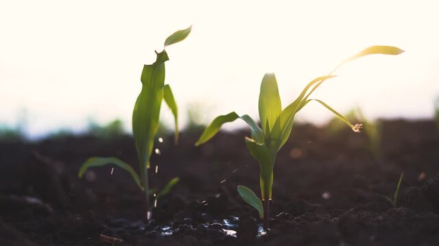 The scene shows young corn plants in rich dark soil, with sunlight shining down and water droplets glistening on the leaves. The corn plants reflect growth and vitality.