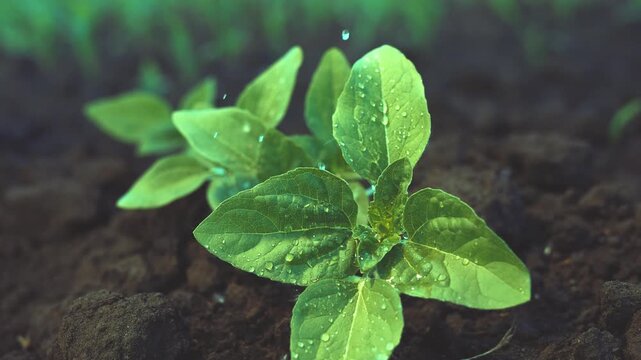The green leaves grow in rich soil, with water droplets glistening on the leaves. The fresh leaves emerge from dark soil, absorbing moisture in the sunlight.