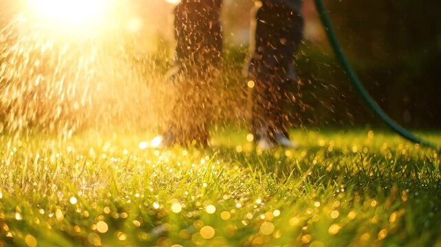 Person Watering Lush Green Lawn with Garden Hose During Golden Sunset Hour with Sparkling Water Drops