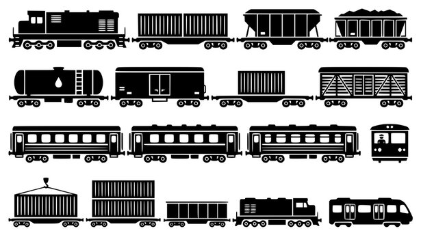 Train Wagon Icon Set Black Silhouette Vector Illustration Freight Cargo Carriage Railway Transport Locomotive Passenger Car Symbols Isolated On White Background