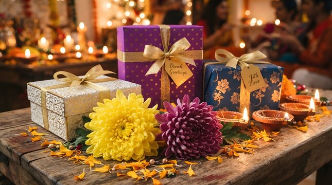 Diwali gift boxes with flowers and diyas on a rustic wooden table