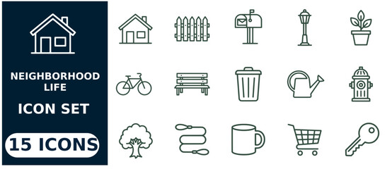 Fototapeta premium Neighborhood life set, 15 line symbols line house home