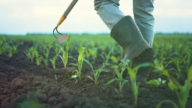 A man works in the field, using a hoe to tend to the green plants. The man in black boots cultivates the young crop in the fertile soil.