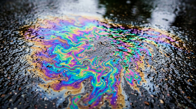 Oil slick on wet asphalt, iridescent rainbow colors, abstract patterns