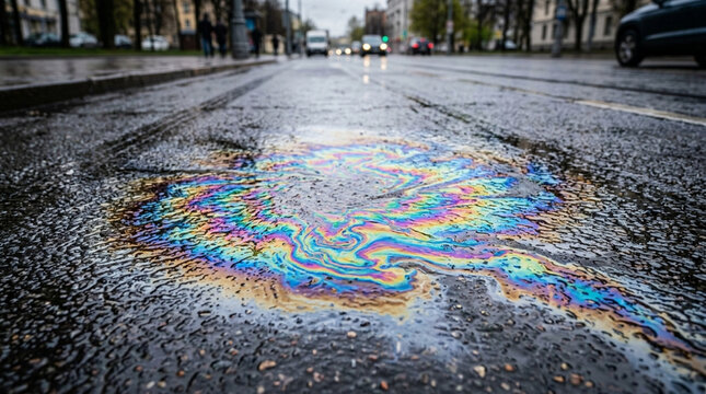 Oil slick rainbow pattern on wet asphalt road after rain