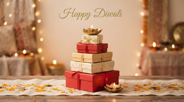 Diwali gift stack with lit diya lamp on wooden table