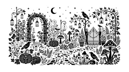 Obraz premium Mystical Halloween Garden: An enchanting monochrome illustration depicts a whimsical garden under a crescent moon, adorned with pumpkins, mushrooms, crows, and lanterns.