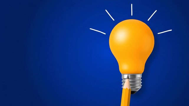 Creative concept of idea generation with yellow light bulb and pencil on blue background