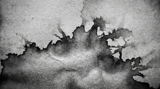Black and white ink wash painting on textured handmade paper showing abstract flowing liquid patterns for artistic backdrop.