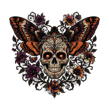 Decorative human skull with butterfly wings and dark flowers
