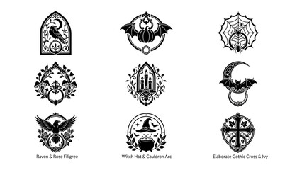 Fototapeta premium Gothic Emblems of Mystery and Magic: A collection of nine intricately designed black and white graphic emblems, each representing a unique element of gothic lore.
