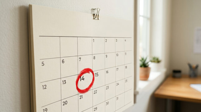 A close-up of a wall calendar marked with a red circle around the 14th, set in a stylish office environment.