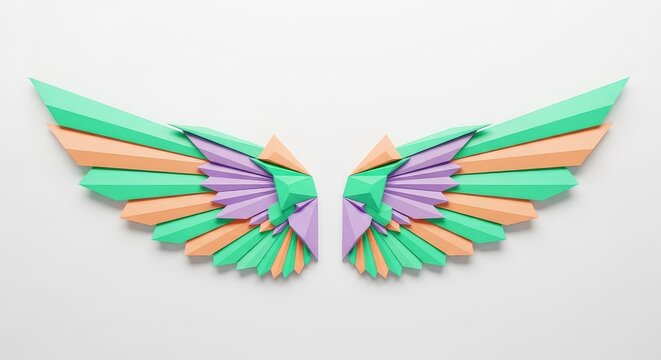 A symmetrical pattern of stylized geometric wings composed of soft pastel triangles and polygons in shades of mint, peach, and lavender, lavender, element, subtle