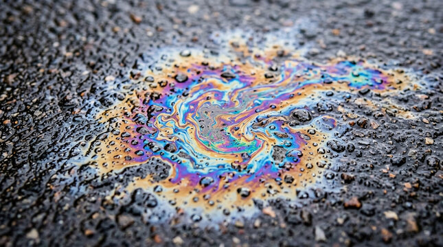 Colorful oil slick on asphalt surface