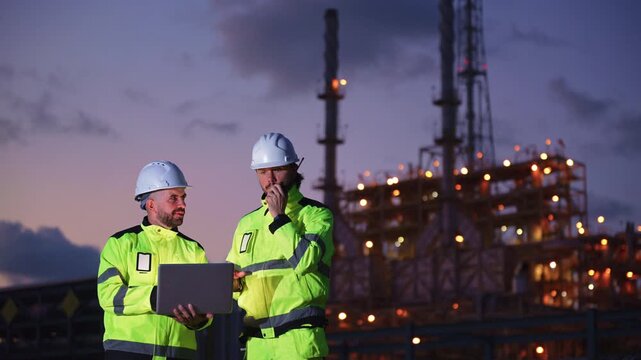 Engineers&rsquo; night shift working oil and gas refinery service, Workers hard work at night petroleum industry plant background, Oil and Gas Petrochemical industry.